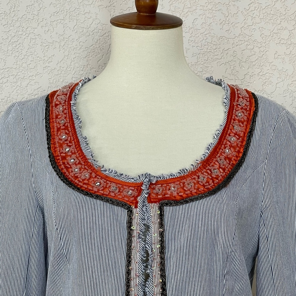 NWOT-Free People My Fair Lady embellished   trim blue pinstripe cropped jacket - Picture 4 of 9